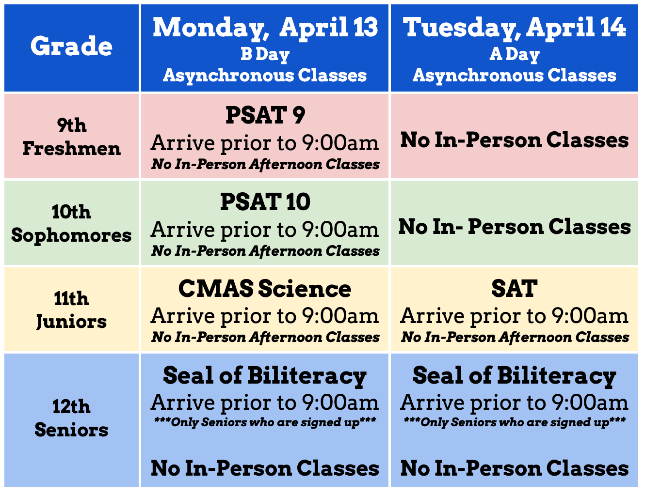 Click the link below to access the testing schedule.