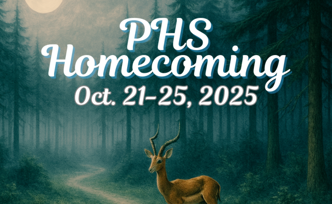 An Impala in a forest under a banner that says "PHS Homecoming - Oct. 21-25, 2025