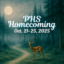 An Impala in a forest under a banner that says "PHS Homecoming - Oct. 21-25, 2025