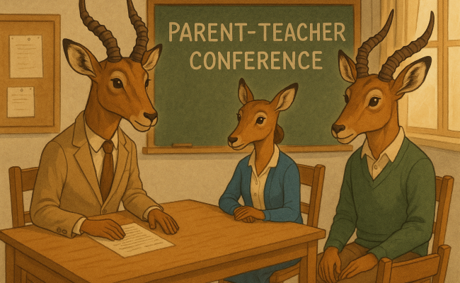 An ai illustration of human-like impalas at a parent teacher conference 
