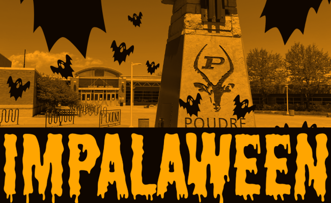 A graphic of a spooky looking Poudre High School for our annual Halloween celebration