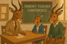 An ai illustration of human-like impalas at a parent teacher conference