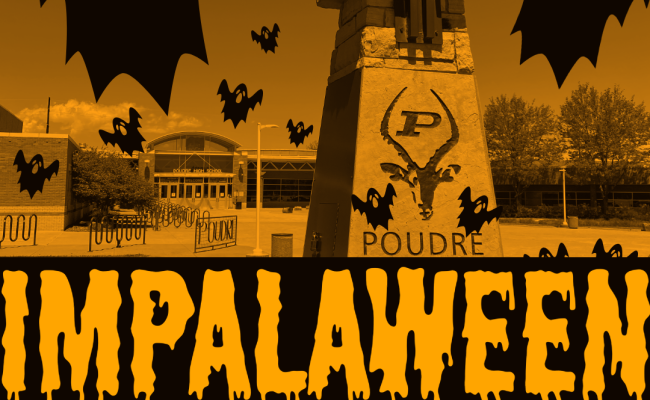 A graphic of a spooky looking Poudre High School for our annual halloween celebratgion