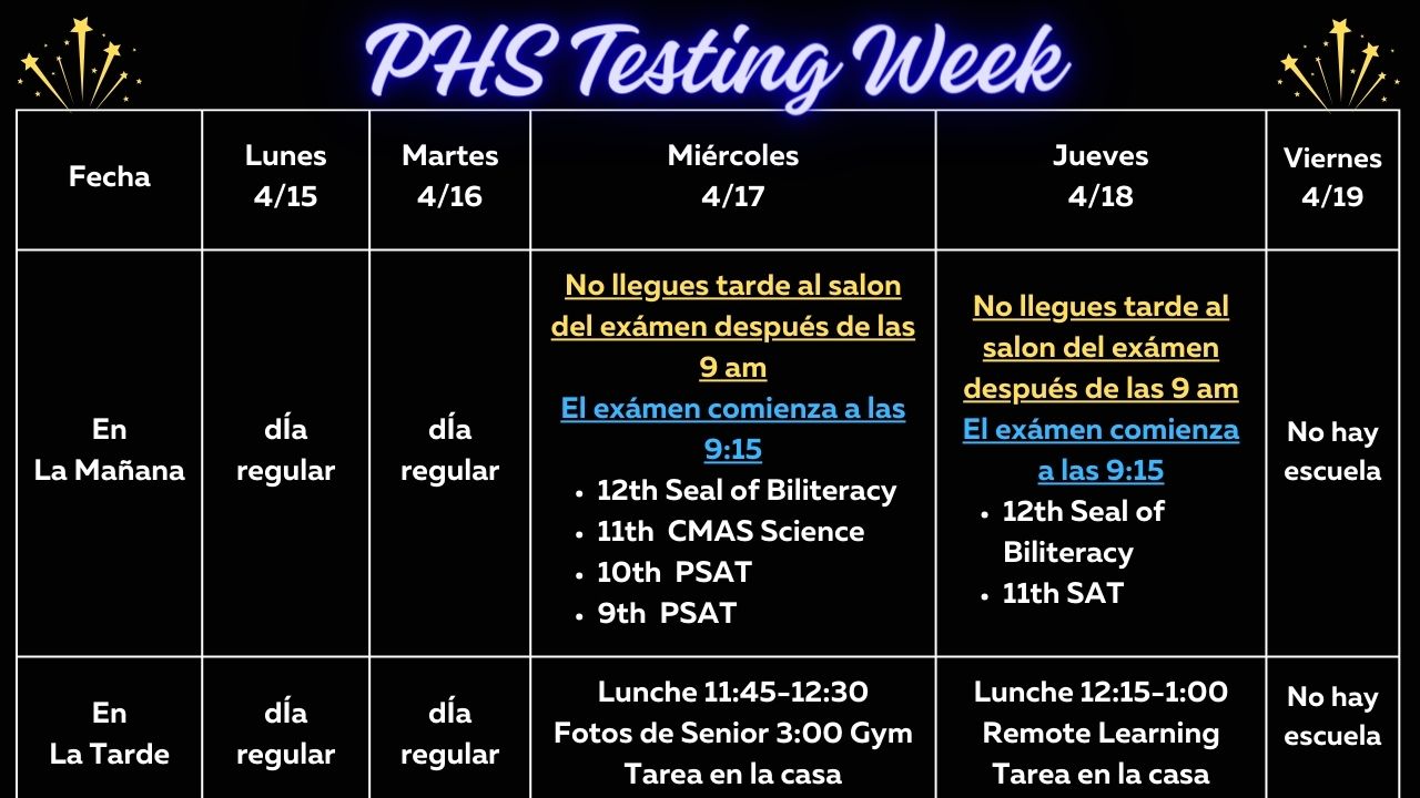 Testing Week Schedule April 15-19 | Poudre High School